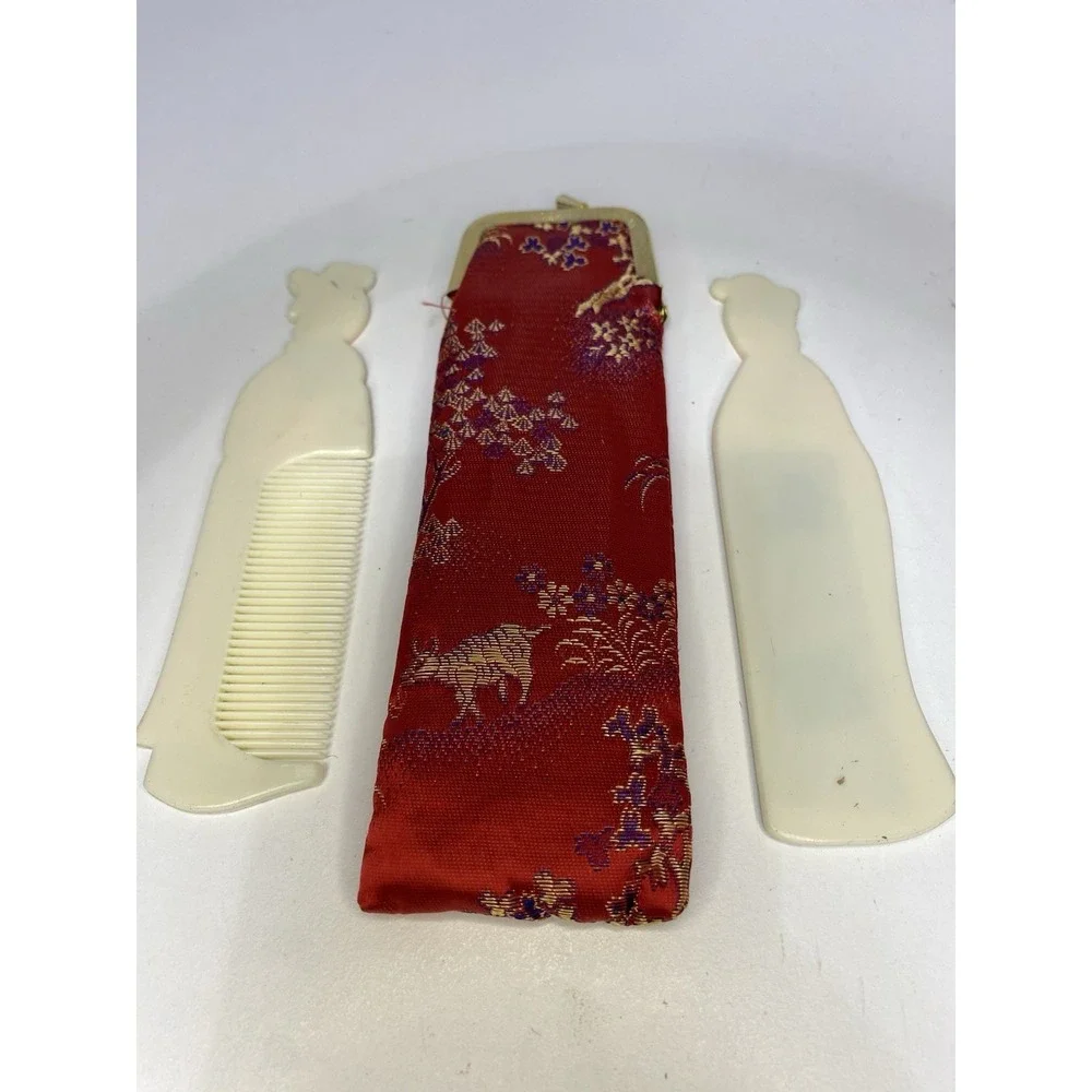 Vintage Geisha Girls Painted‎ Comb & Mirror Set Hong Kong Collectible Vanity Art